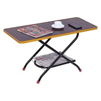 ivzing Height Adjustable Foldable Tea Table–Wooden Center Table–Powder Coated Metal Side Table/Coffee Table/Bedside Table for Home Office–Portable Laptop Table with Storage Rack–Brown